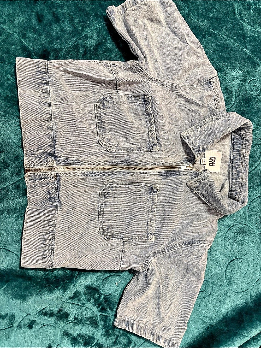 Madden NYC Short Sleeve Cropped Denim Zip-Up Jacket Blue